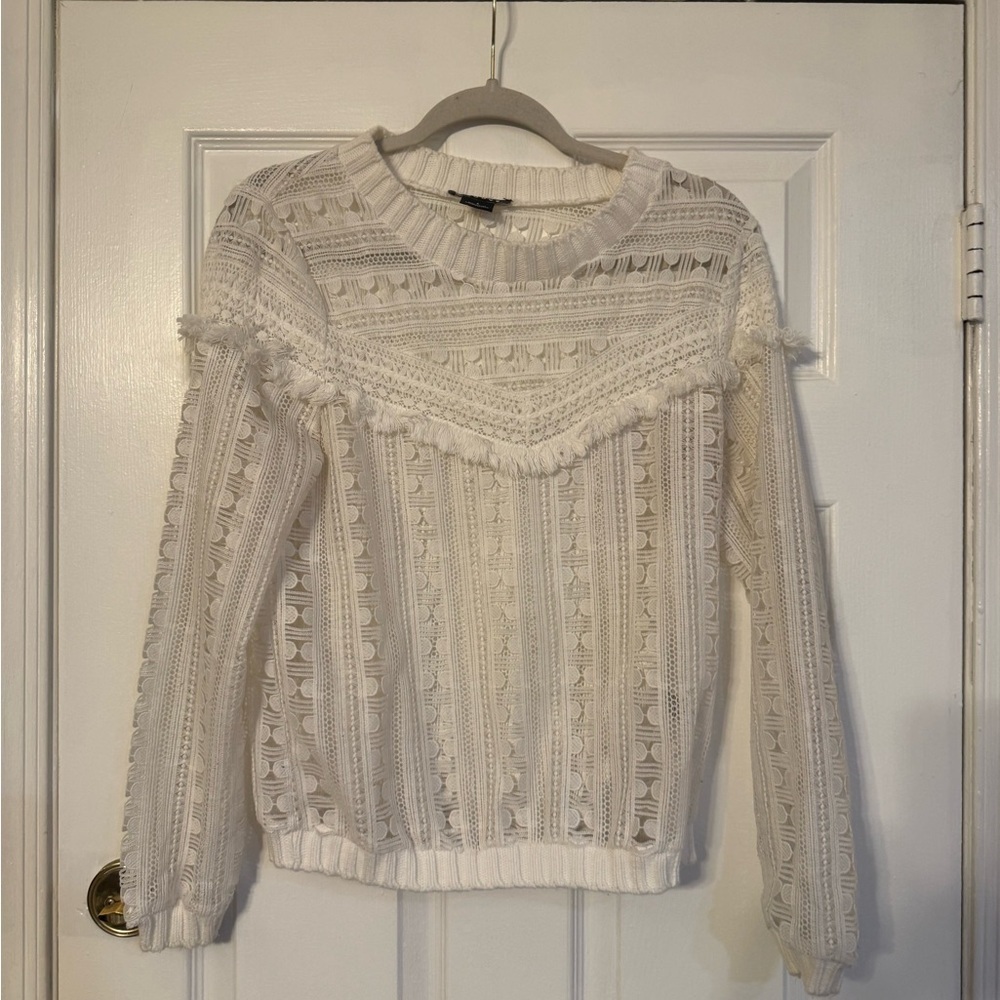 Trouve White Crochet Fringe Pullover Sweater